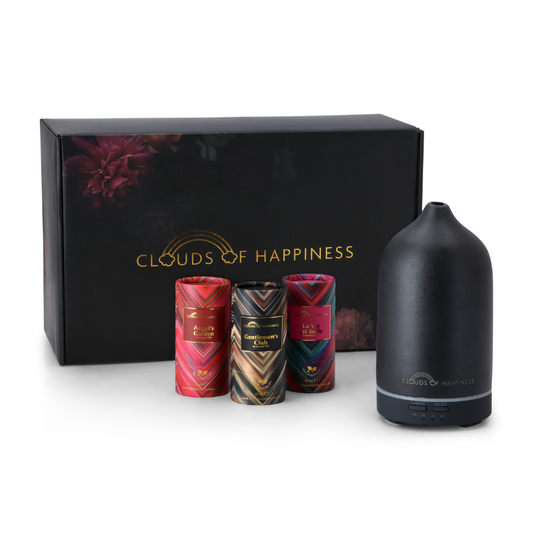 Giftbox Zwarte Keramaische aroma diffuser + La Vie est belle + Angels Garden + Gentlemans Club